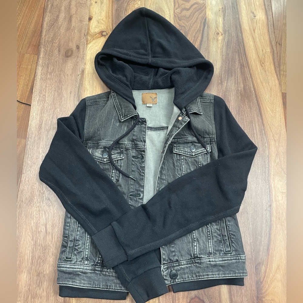 American Eagle Outfitters Black Hooded Denim Jacket